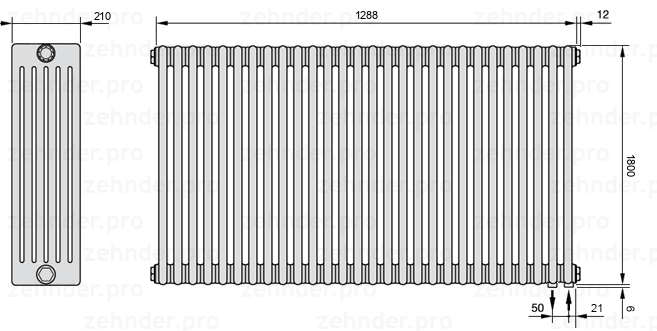 Схема (чертеж) Радиатор Zehnder Charleston 6180/28 №5510 Белый глянцевый RAL 9016